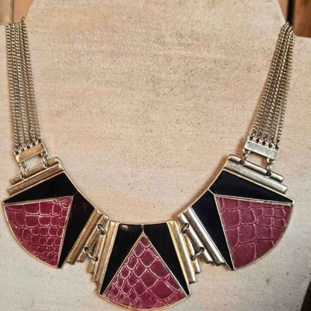 Express Gold Tone Black Burgundy Geometric Statement Necklace Faux Croc